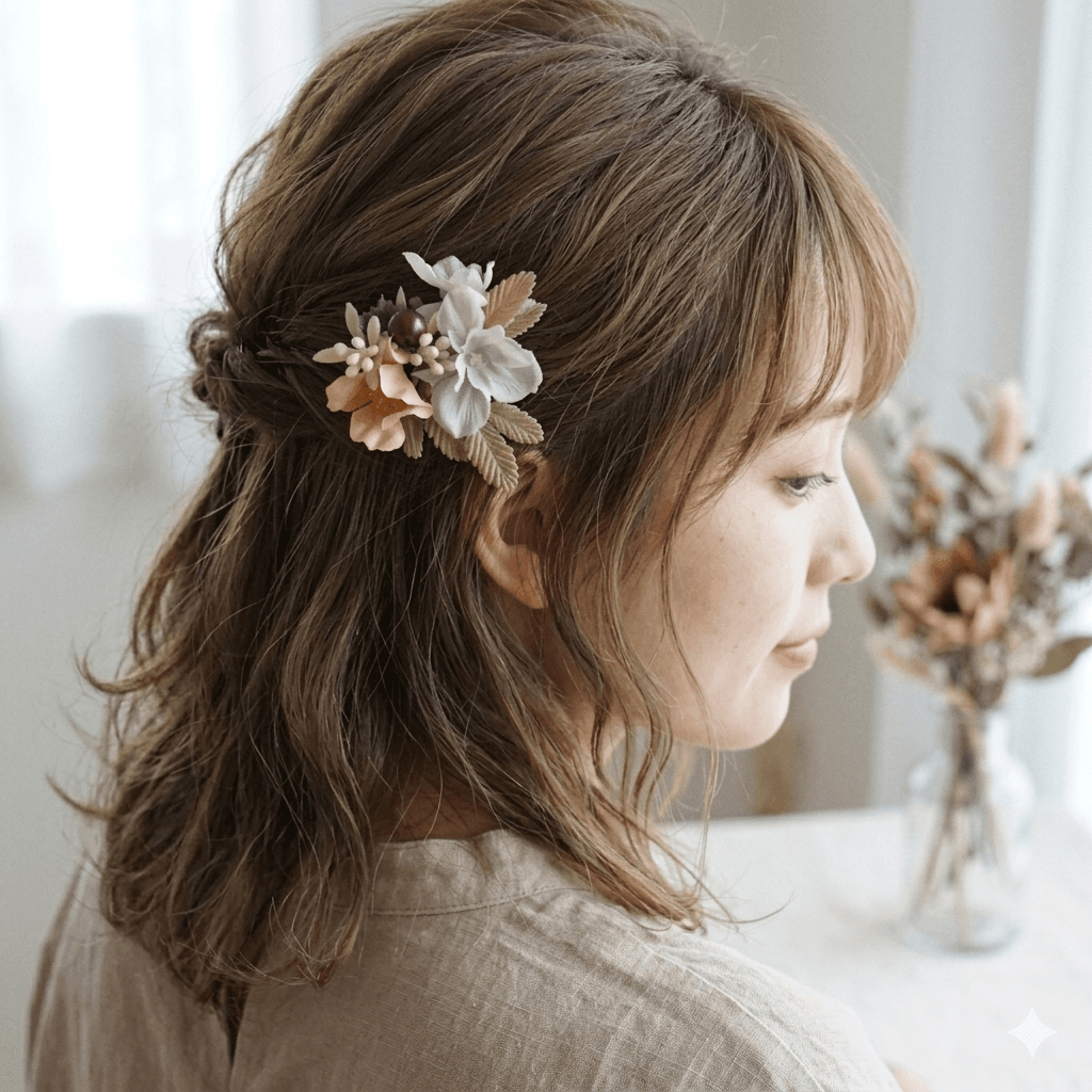 和洋兼用髪飾り｜くすみ桜と野バラの髪飾り｜Uピン