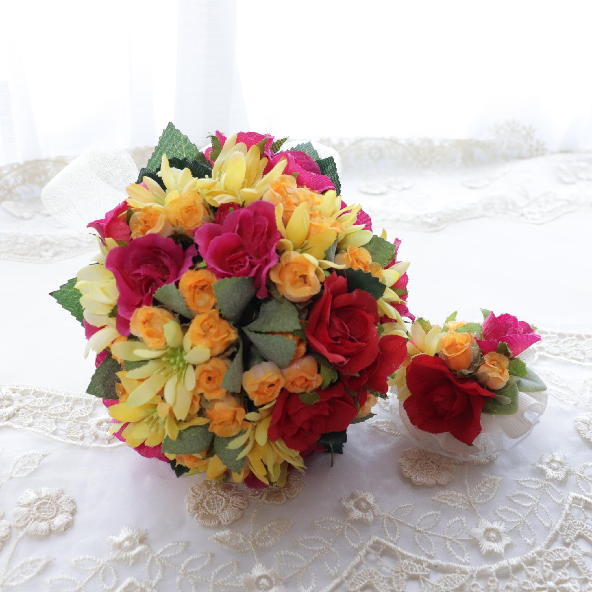 【送料込み】　ミニブーケ＆コサージュ　セット　ビビットカラー（スタンド付）（北海道・沖縄のみ別途送料） | 2枚目