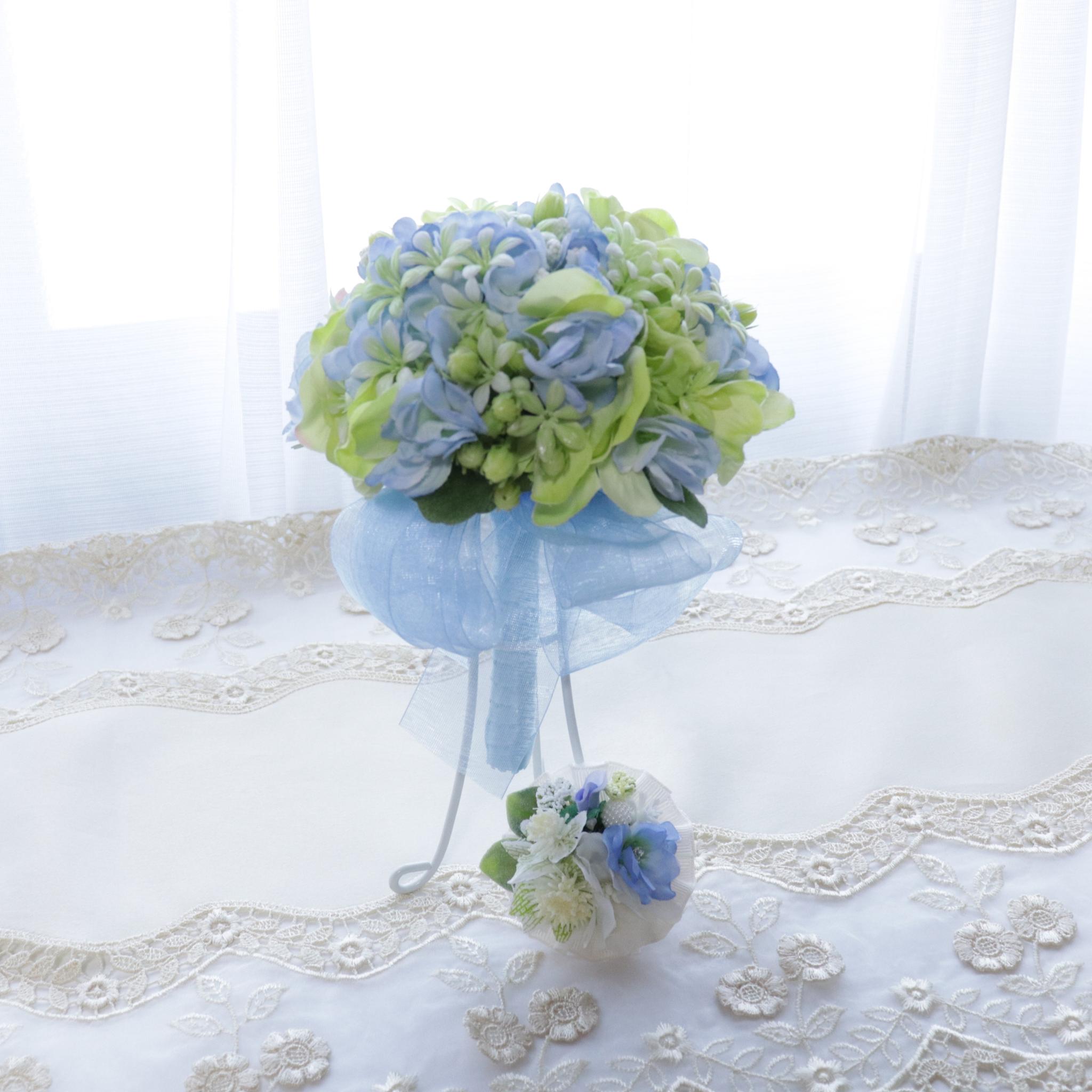 【送料込み】　ミニブーケ＆コサージュ　セット　サムシングブルー（スタンド付）（北海道・沖縄のみ別途送料）