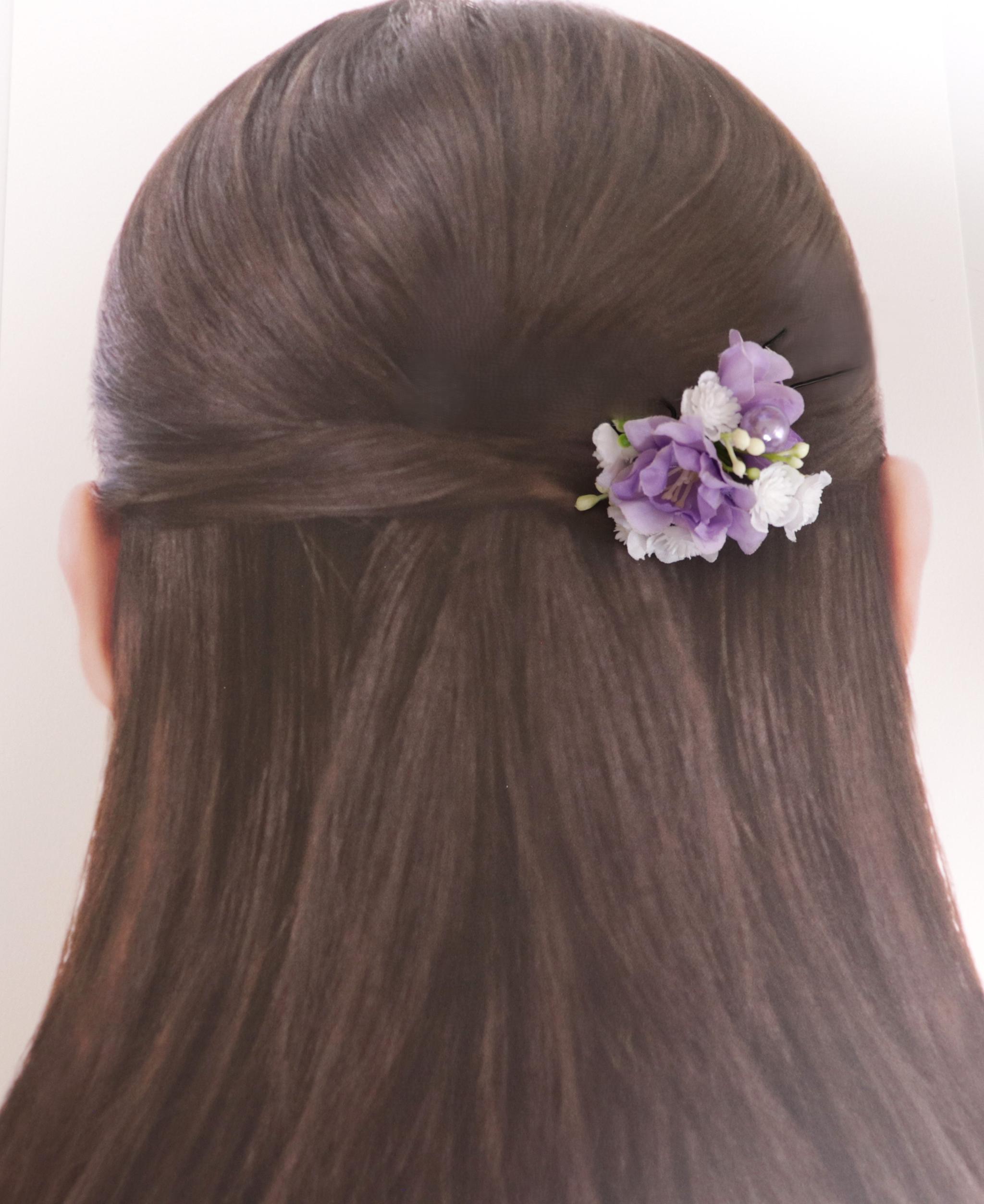 M-514【彩り花のヘアアクセサリー】　ラベンダー色（＊お子様やショートヘアOK）ケース付 | 10枚目