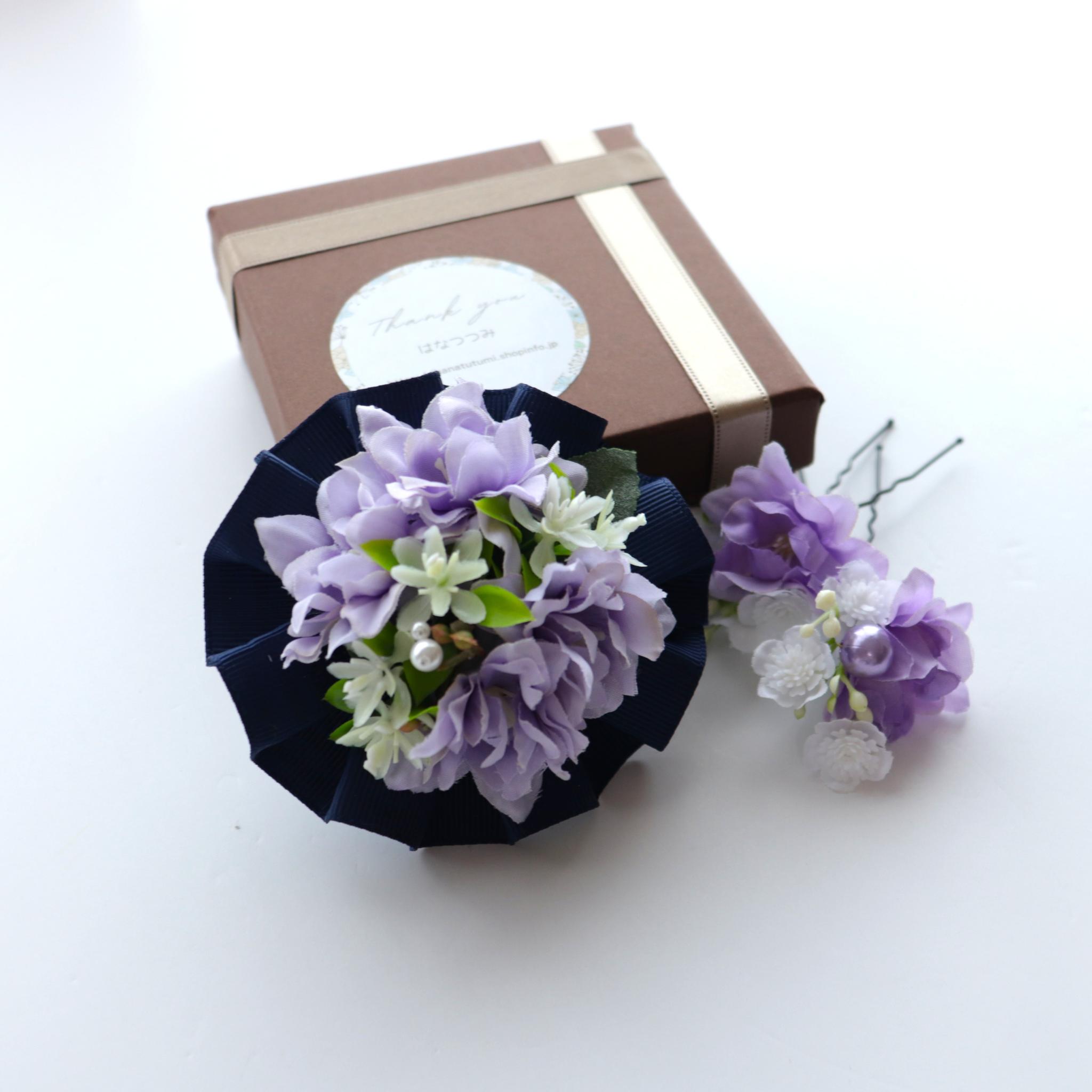 M-514【彩り花のヘアアクセサリー】　ラベンダー色（＊お子様やショートヘアOK）ケース付 | 2枚目