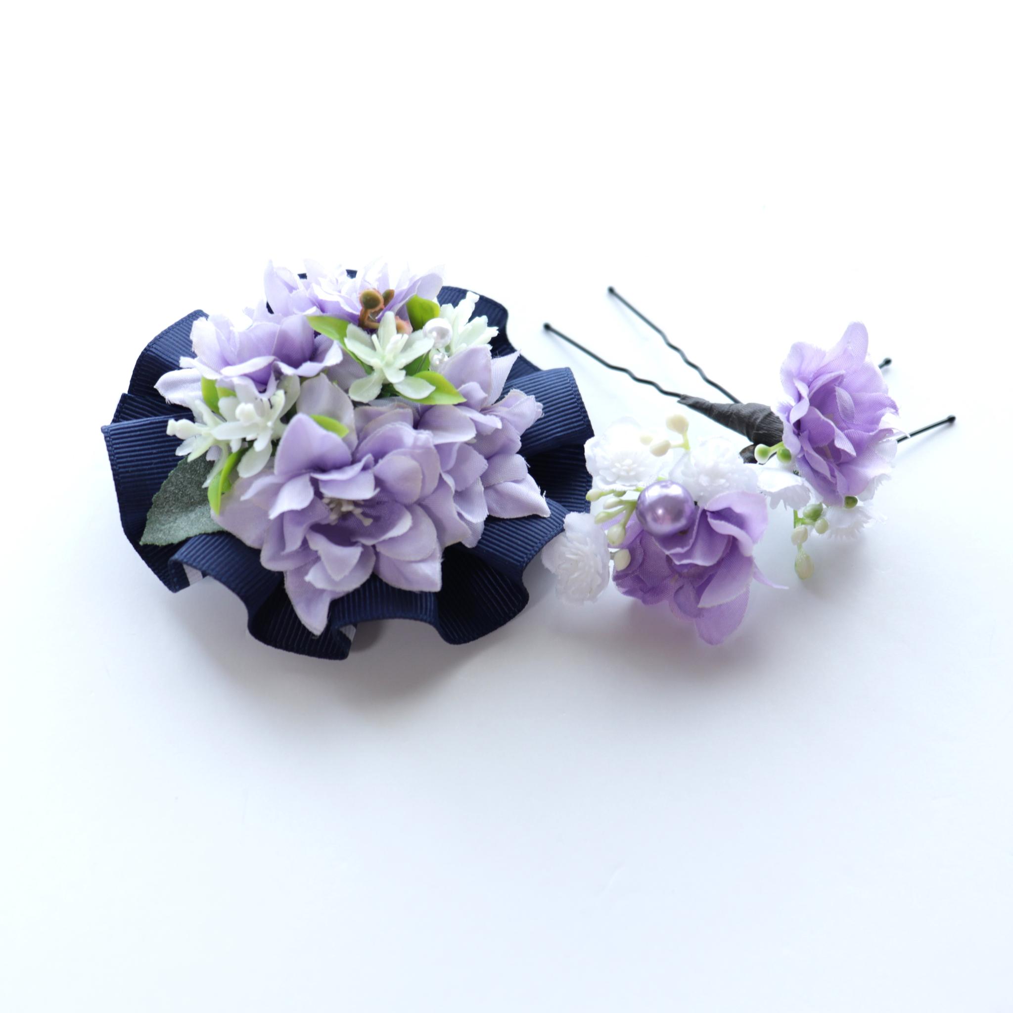 M-514【彩り花のヘアアクセサリー】　ラベンダー色（＊お子様やショートヘアOK）ケース付 | 4枚目
