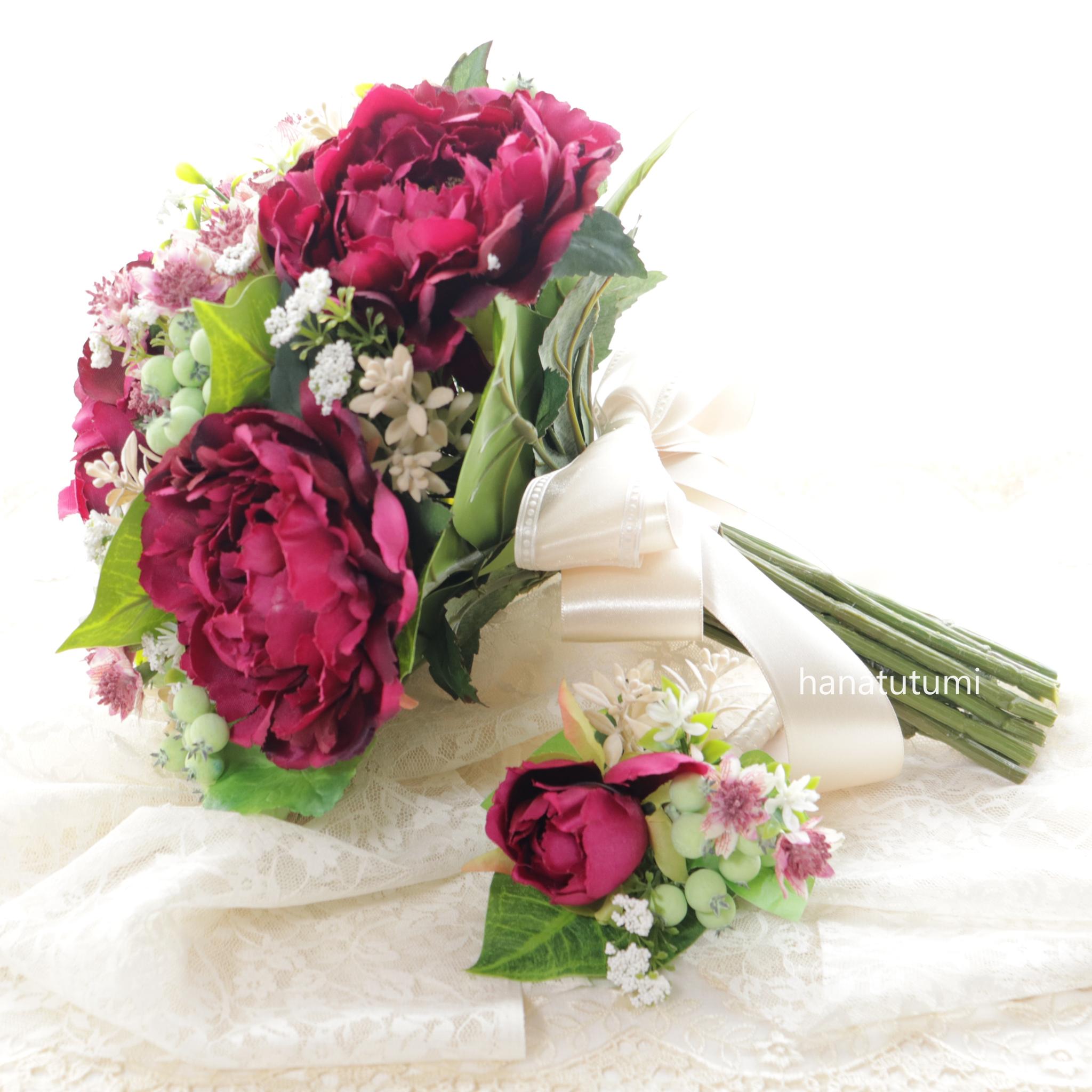 【送料込み】マゼンダ色の華やぎブーケ ブートニア スタンド付き(北海道・沖縄のみ別途送料) | 3枚目