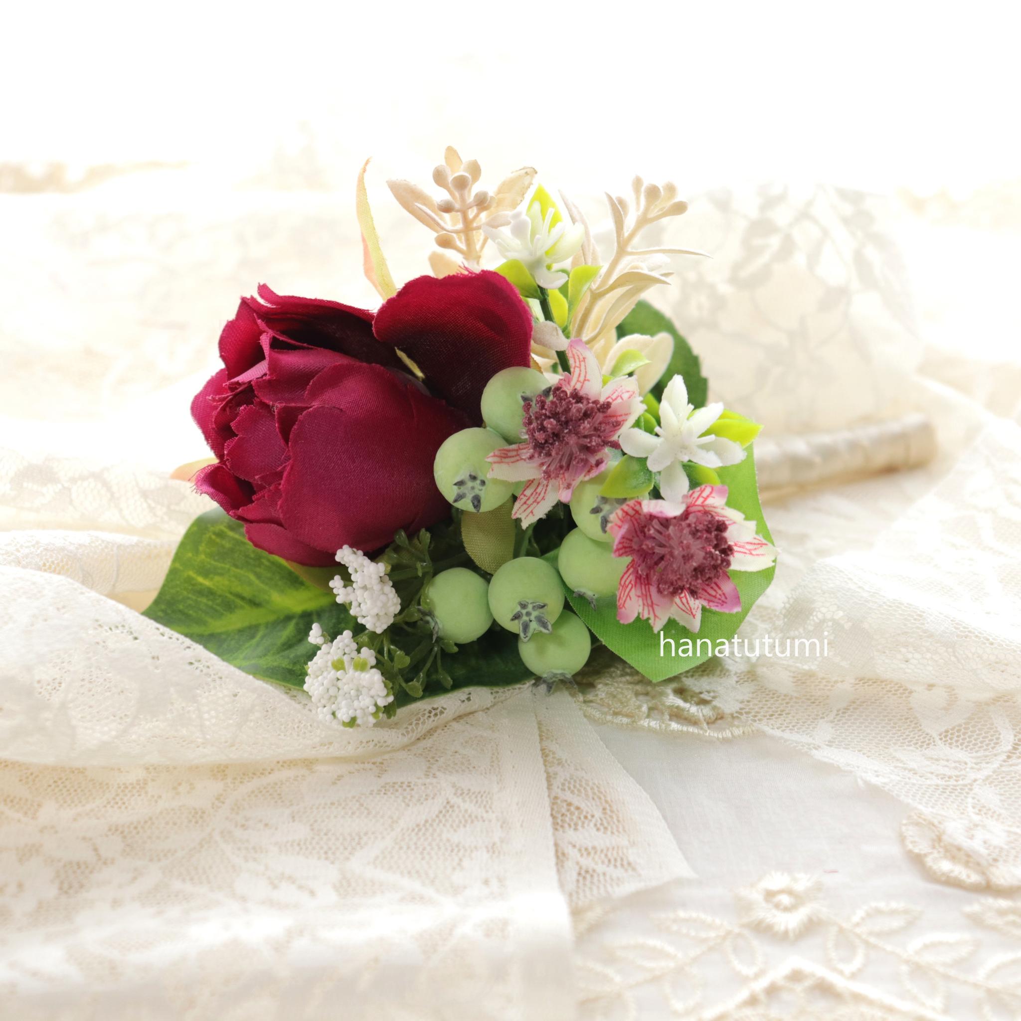 【送料込み】マゼンダ色の華やぎブーケ ブートニア スタンド付き(北海道・沖縄のみ別途送料) | 4枚目